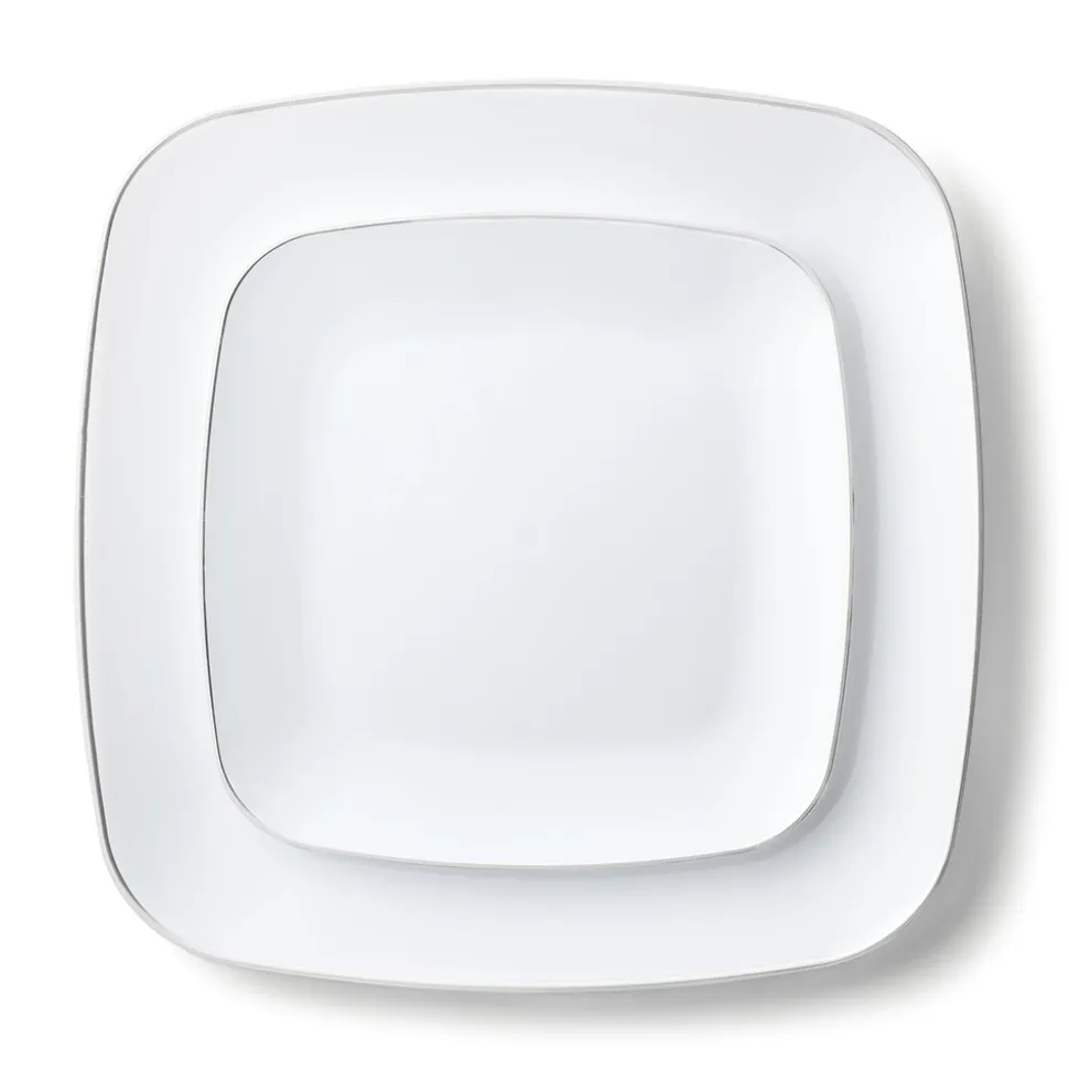 32 ASSIETTES CARRÉES PRESTIGES BLANCHES ET ARGENT