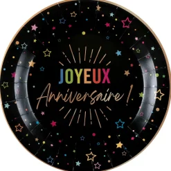 6 ASSIETTES CARTON ANNIVERSAIRE MULTI 22.5CM NOIR