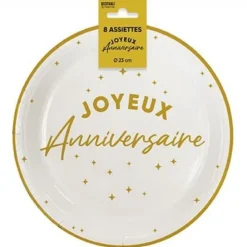 8 ASSIETTES CARTON ANNIVERSAIRE 23CM OR