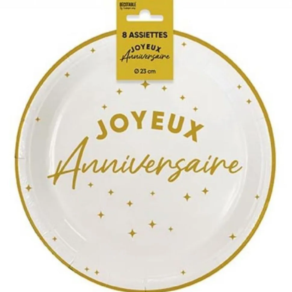 8 ASSIETTES CARTON ANNIVERSAIRE 23CM OR