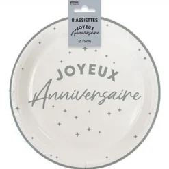 8 ASSIETTES CARTON ANNIVERSAIRE 23CM ARGENT