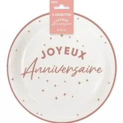 8 ASSIETTES CARTON ANNIVERSAIRE 23CM OR ROSE