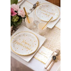 10 ASSIETTES CARTON ANNIVERSAIRE 23CM BLANC OR