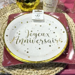10 ASSIETTES CARTON ANNIVERSAIRE 23CM BLANC OR