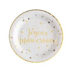 10 ASSIETTES CARTON ANNIVERSAIRE 23CM BLANC OR