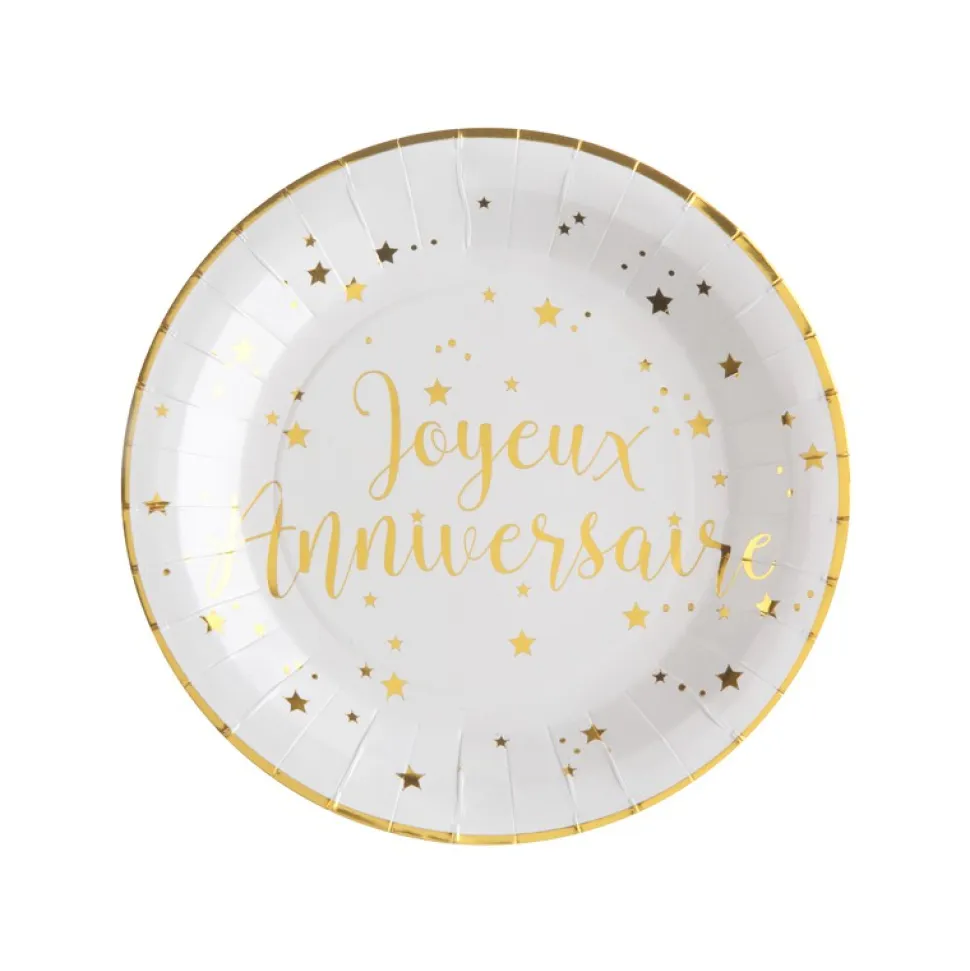 10 ASSIETTES CARTON ANNIVERSAIRE 23CM BLANC OR