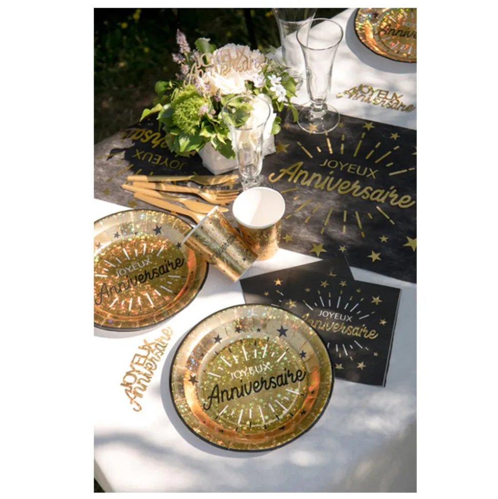10 ASSIETTES CARTON ANNIVERSAIRE HOLO 22.5CM OR