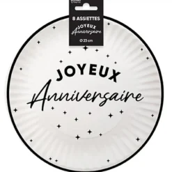 8 ASSIETTES CARTON ANNIVERSAIRE 23CM NOIR