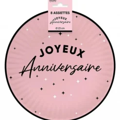 8 ASSIETTES CARTON ANNIVERSAIRE 23CM ROSE