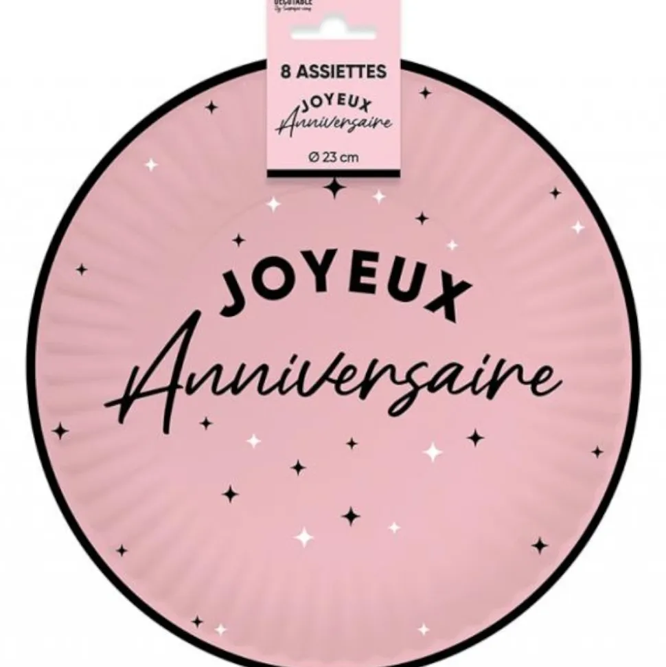 8 ASSIETTES CARTON ANNIVERSAIRE 23CM ROSE