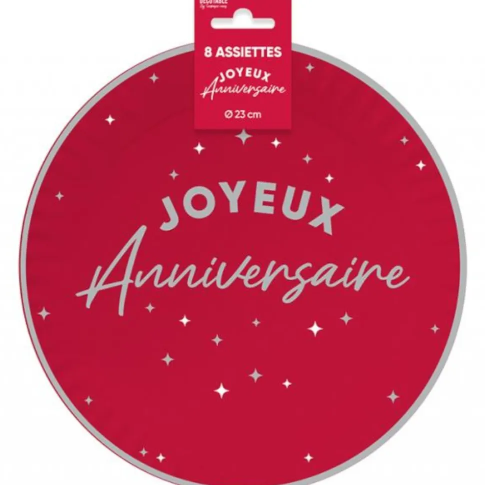 8 ASSIETTES CARTON ANNIVERSAIRE 23CM ROUGE