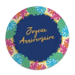 8 ASSIETTES CARTON ANNIVERSAIRE TROPICAL 23CM BLEU