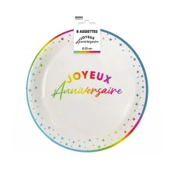 8 ASSIETTES CARTON ANNIVERSAIRE MULTICOLORE 23CM