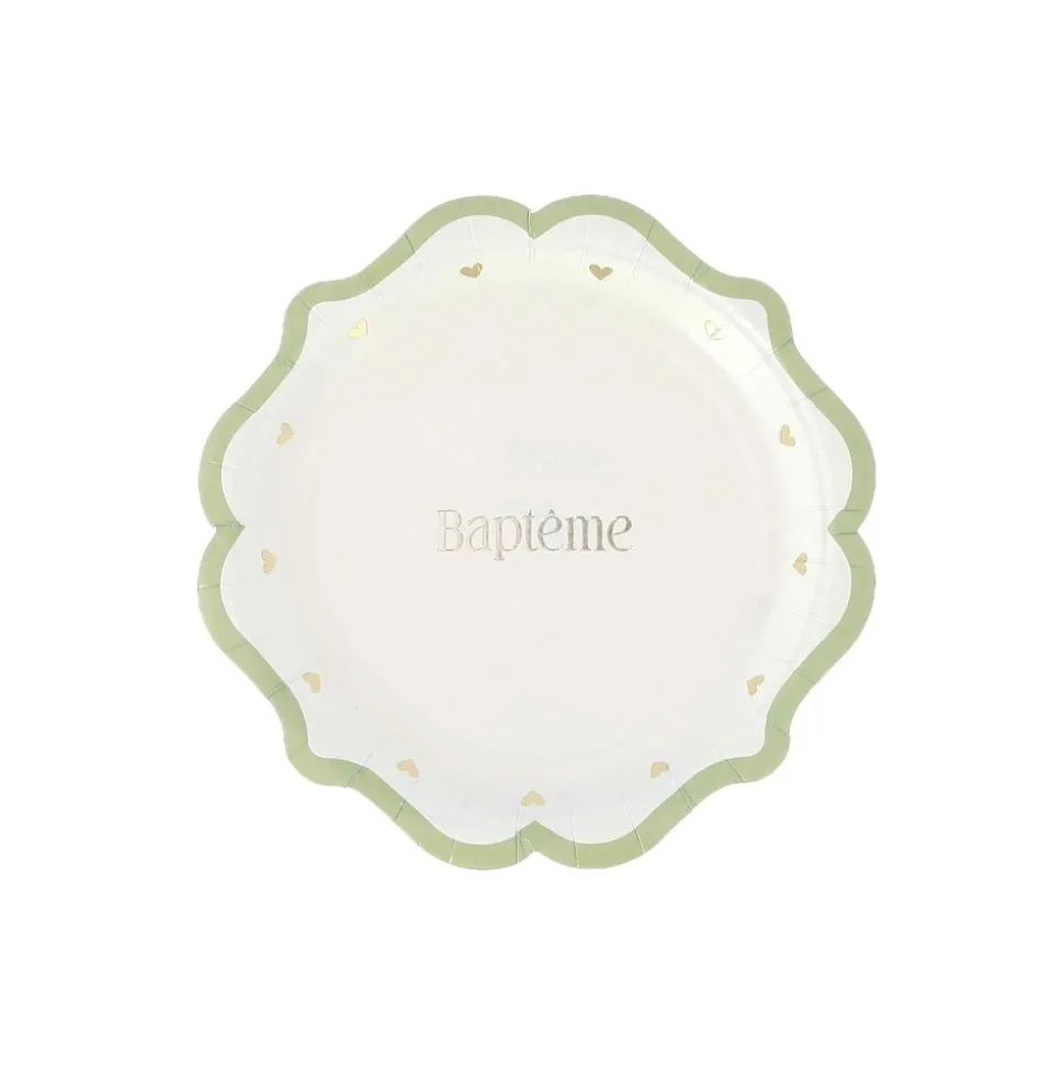 8 ASSIETTES CARTON BAPTÊME C?'UR 18CM VERT-DE-GRIS