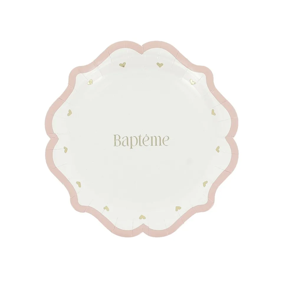 8 ASSIETTES CARTON BAPTÊME C?'UR OR 18CM ROSE