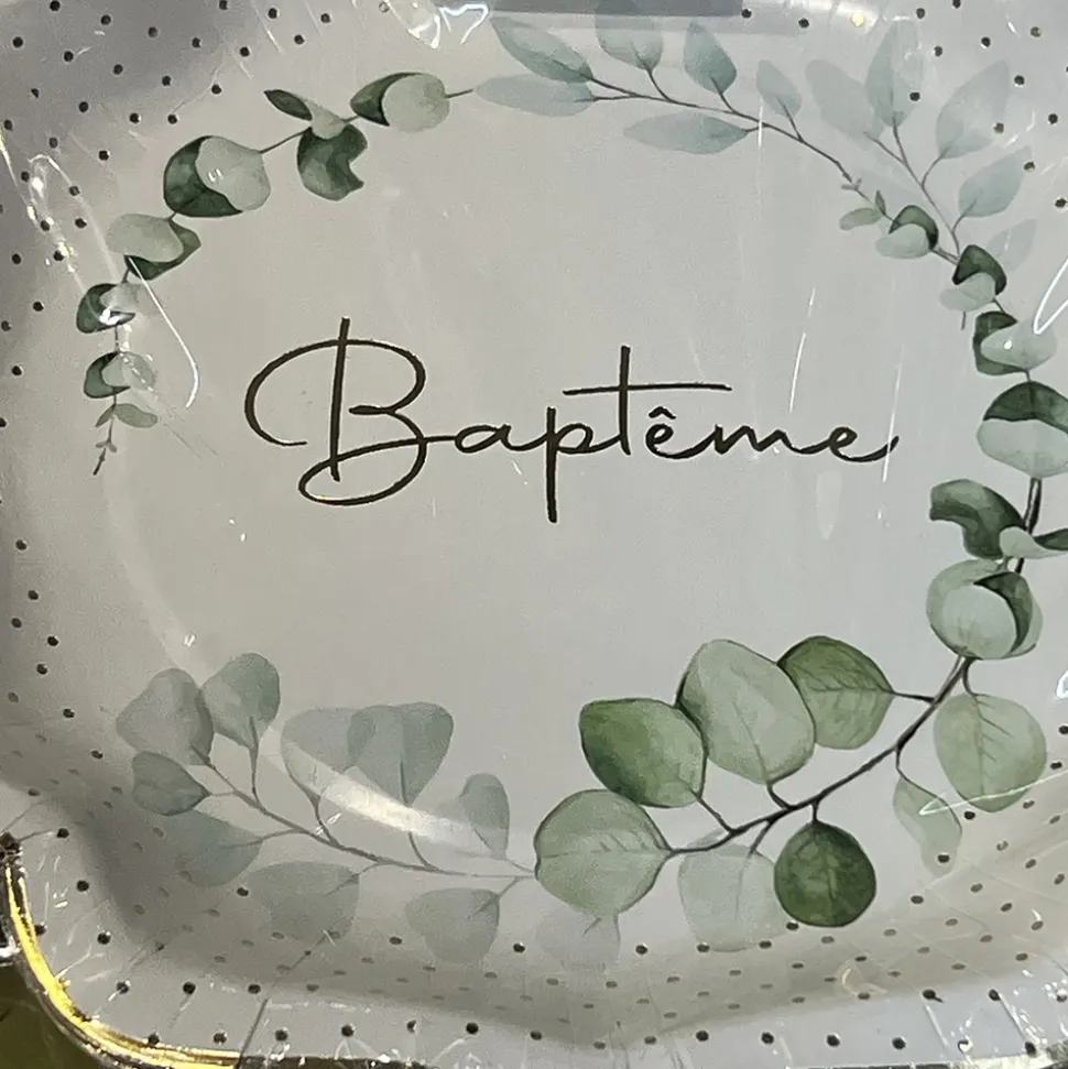 10 ASSIETTES CARTON BAPTÊME FEUILLAGE 21CM BLANC