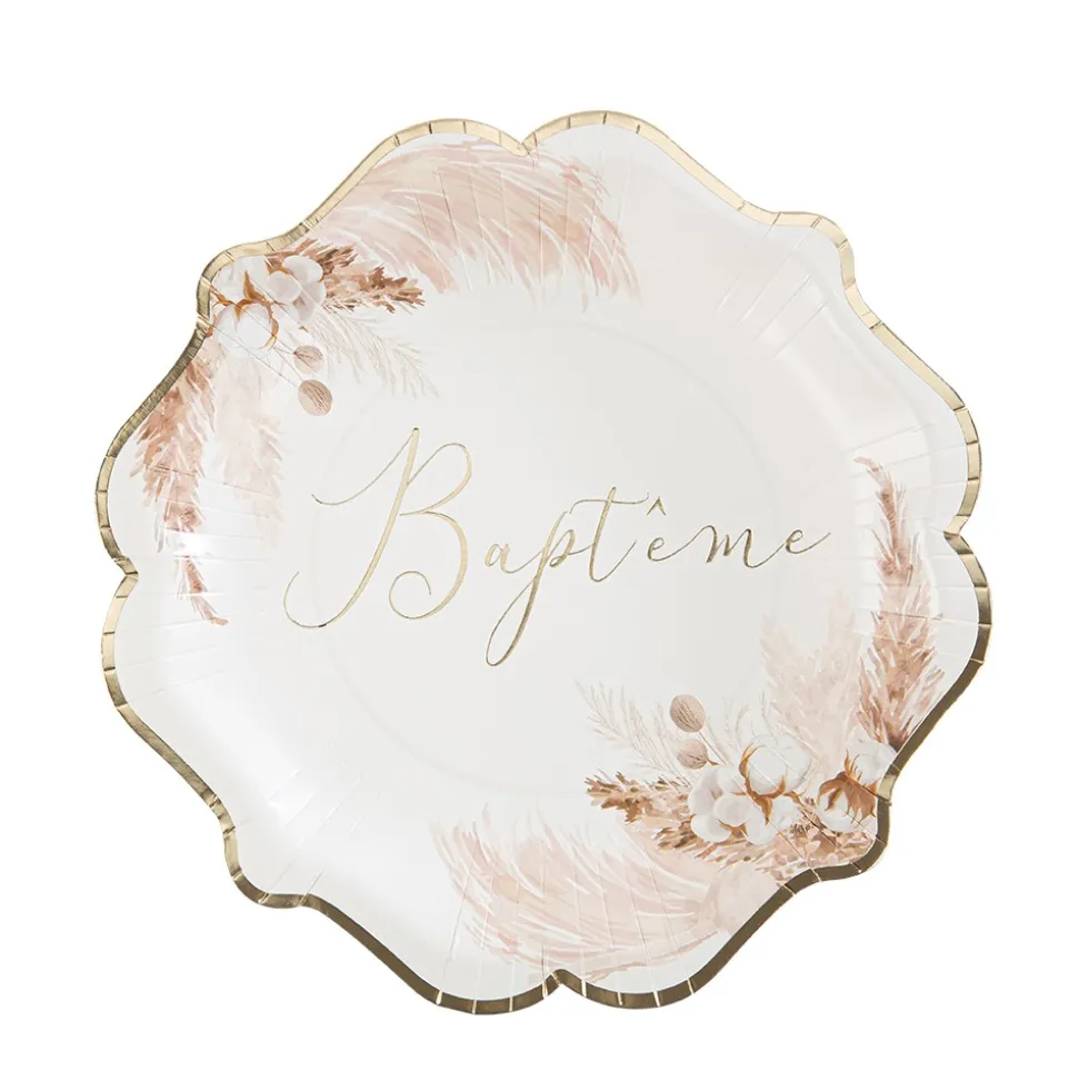 8 ASSIETTES CARTON BAPTÊME FLEUR DE COTON 23CM