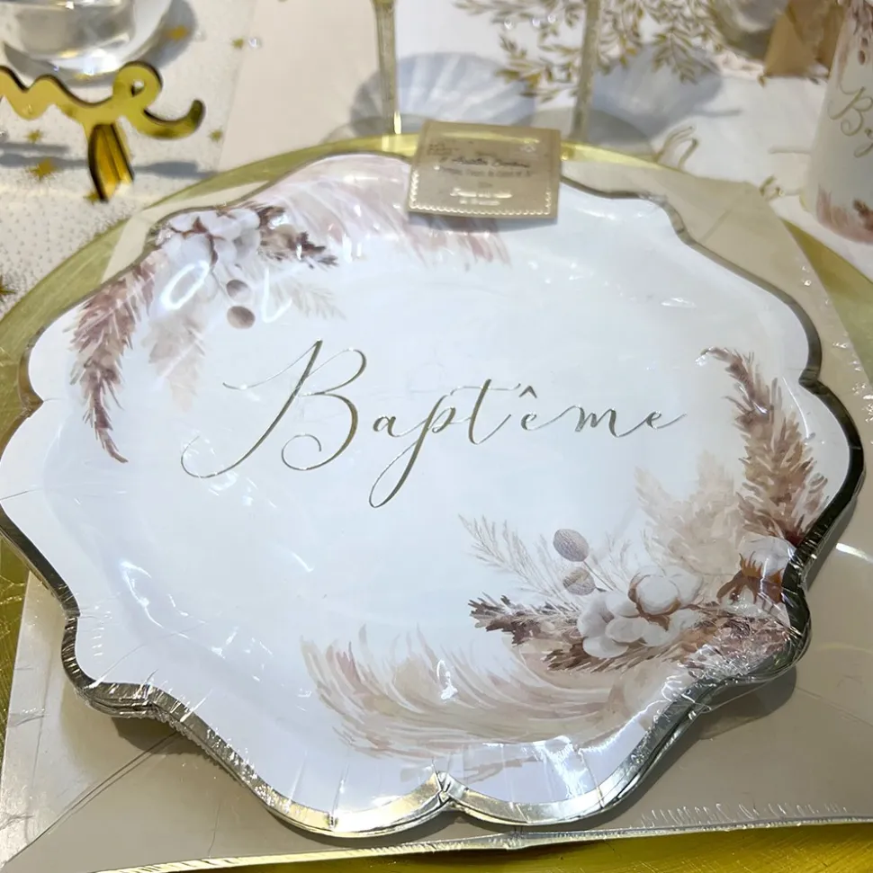 8 ASSIETTES CARTON BAPTÊME FLEUR DE COTON 23CM