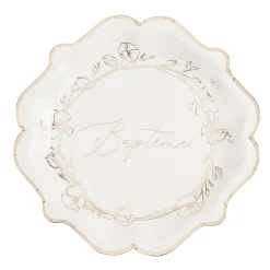 8 ASSIETTES CARTON BAPTÊME VÉGÉTAL OR 23CM CRÈME