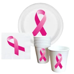 8 ASSIETTES CARTON OCTOBRE ROSE RUBAN 18CM BLANC
