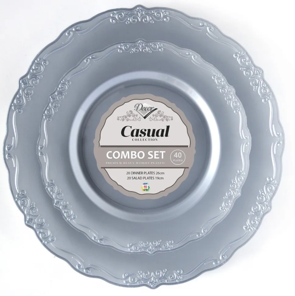 40 ASSIETTES RÉUTILISABLES CASUAL 19-26CM ARGENT