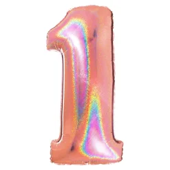 BALLON ALU CHIFFRE 1 102CM OR ROSE HOLOGRAPHIQUE
