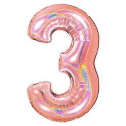 BALLON ALU CHIFFRE 3 102CM OR ROSE HOLOGRAPHIQUE