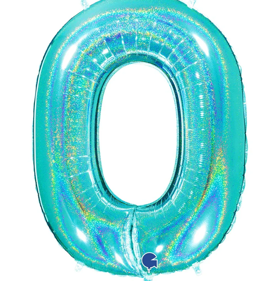 BALLON ALU CHIFFRE 0 102CM TURQUOISE HOLOGRAPHIQUE