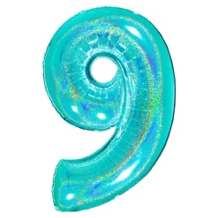 BALLON ALU CHIFFRE 9 102CM TURQUOISE HOLOGRAPHIQUE