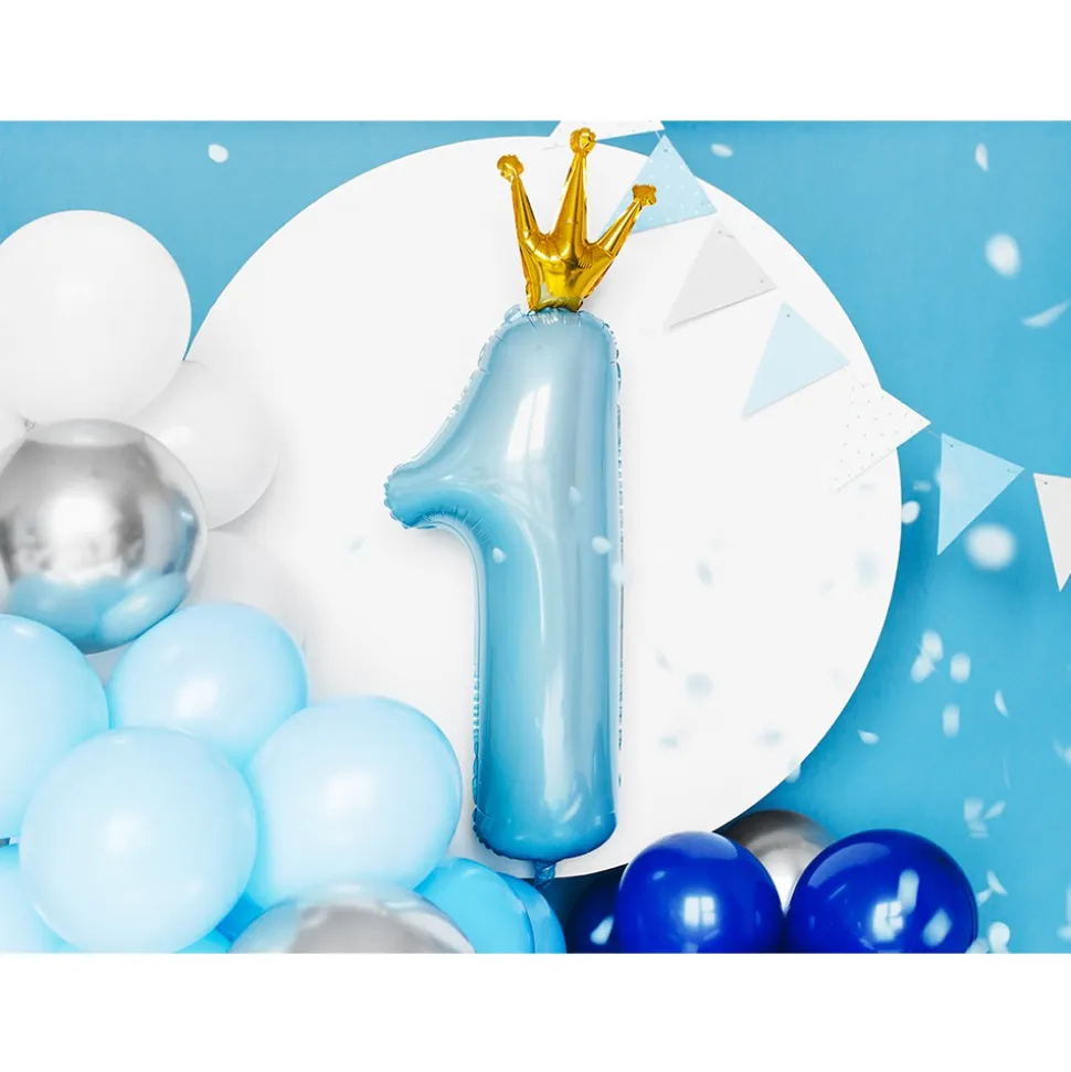 BALLON ALU CHIFFRE 1 COURONNE 30X90CM BLEU CIEL