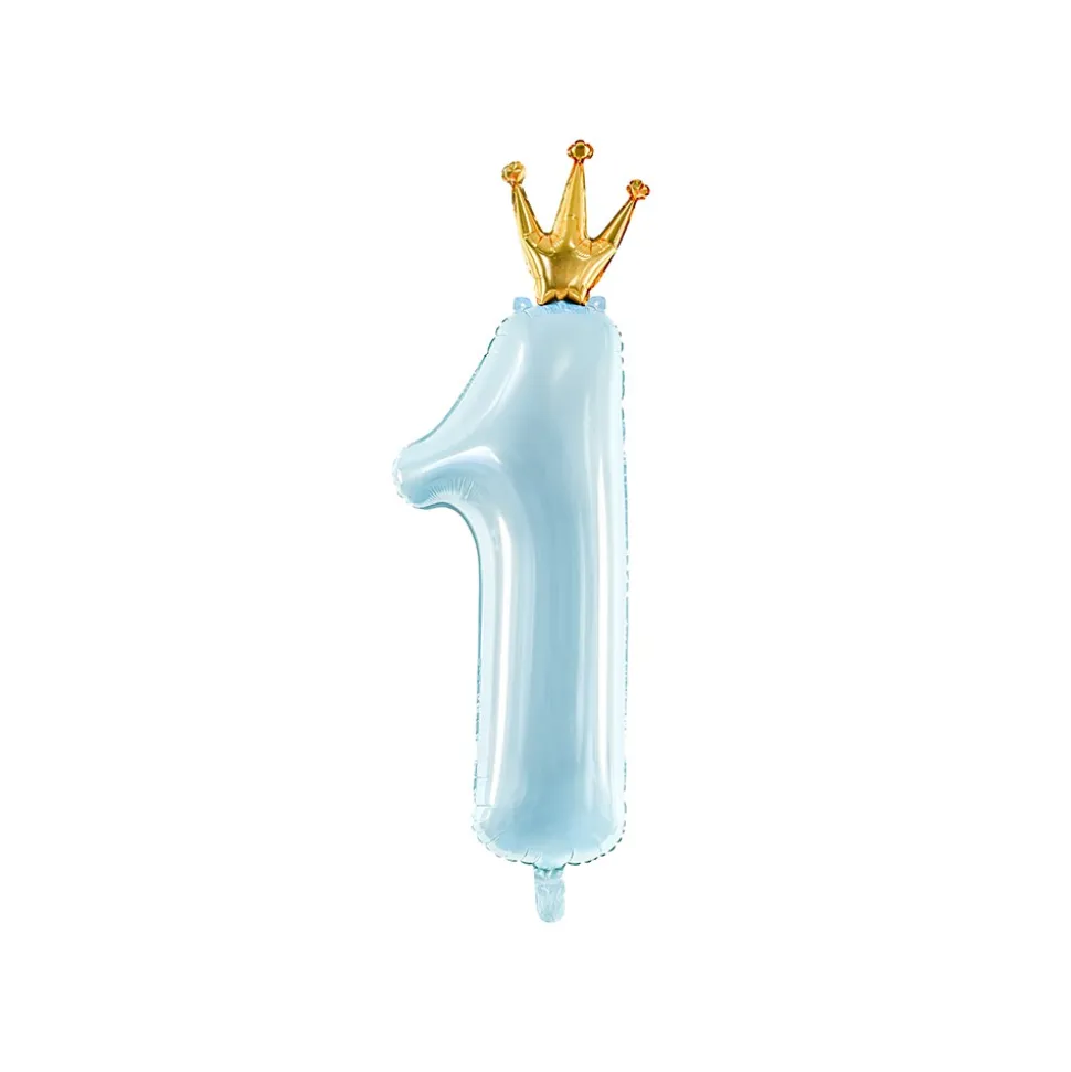 BALLON ALU CHIFFRE 1 COURONNE 30X90CM BLEU CIEL