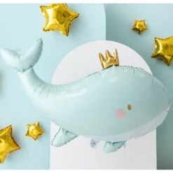 BALLON ALUMINIUM BALEINE COURONNE 78X50CM BLEU