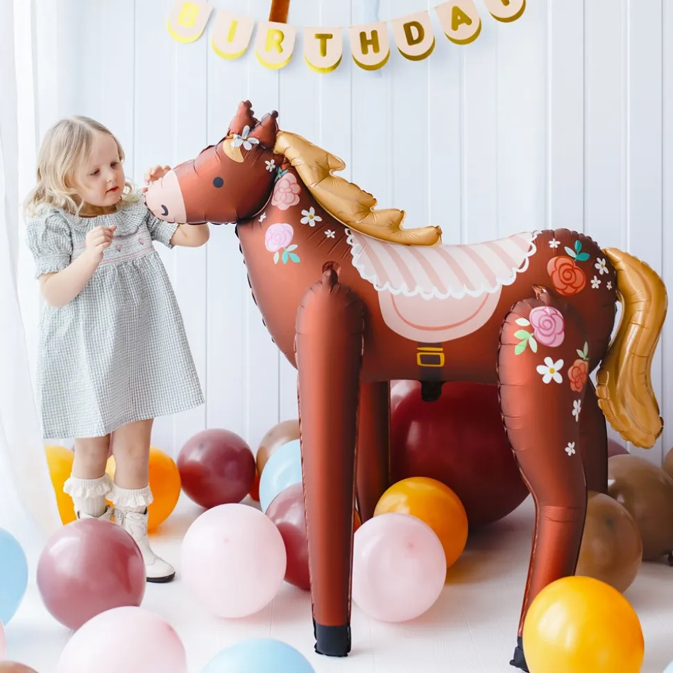 BALLON ALUMINIUM CHEVAL FLEURI 101X105CM MARRON