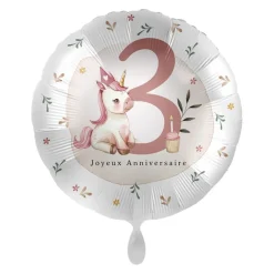BALLON ALUMINIUM ROND 3 AN FILLE LICORNE 43CM