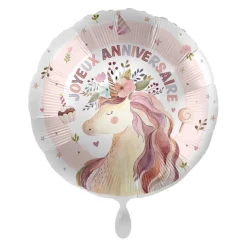 BALLON ALUMINIUM ROND ANNIVERSAIRE LICORNE 43CM
