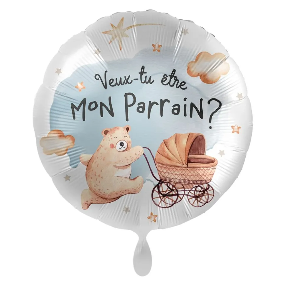 BALLON ALUMINIUM ROND DEMANDE PARRAIN OURS 43CM