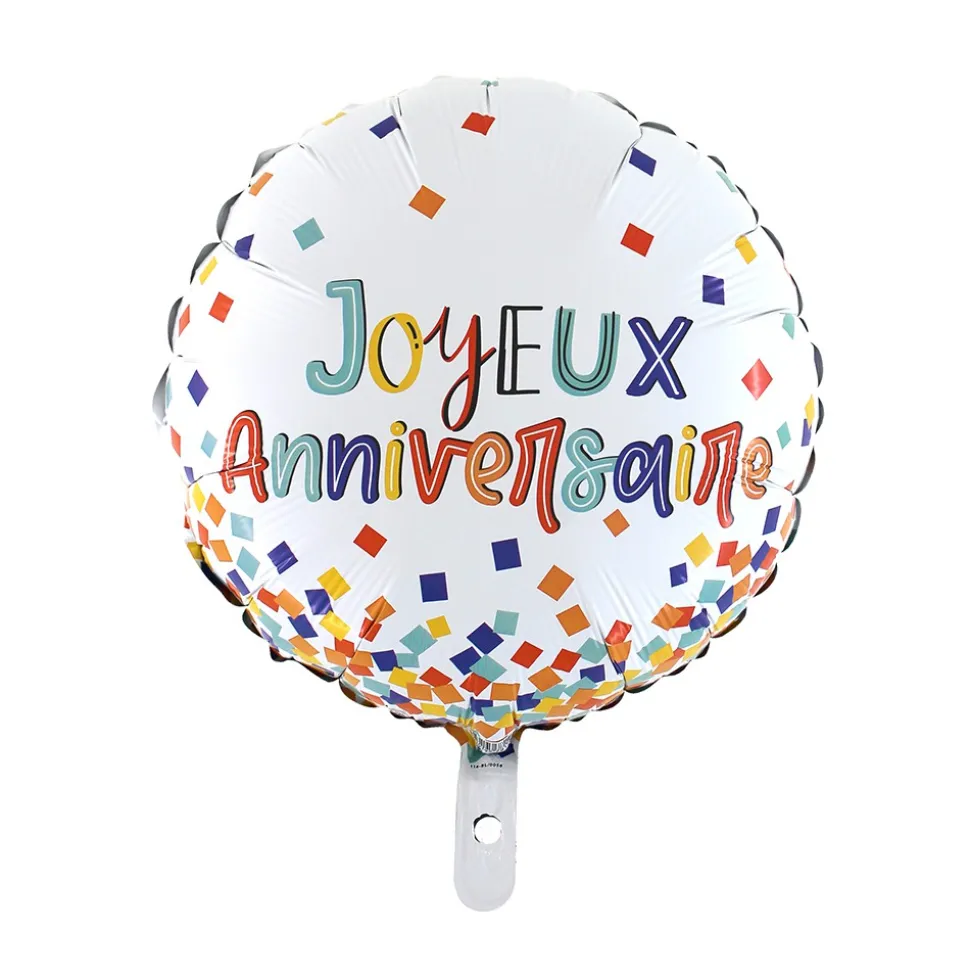 BALLON ALU ROND ANNIVERSAIRE CONFETTIS 46CM BLANC