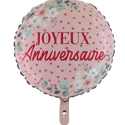 BALLON ALU ROND ANNIVERSAIRE FLEURS 46CM ROSE