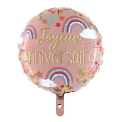 BALLON ALU ROND BOHO JOYEUX ANNIVERSAIRE 46CM ROSE