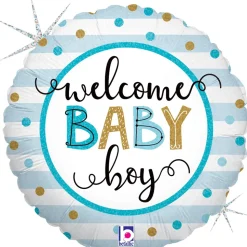 BALLON ALU ROND RAYÉ BLEU WELCOME BABY BOY 46CM
