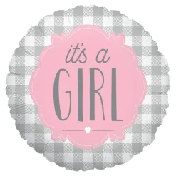 BALLON ALU ROND TARTAN ROSE IT'S A GIRL 46CM