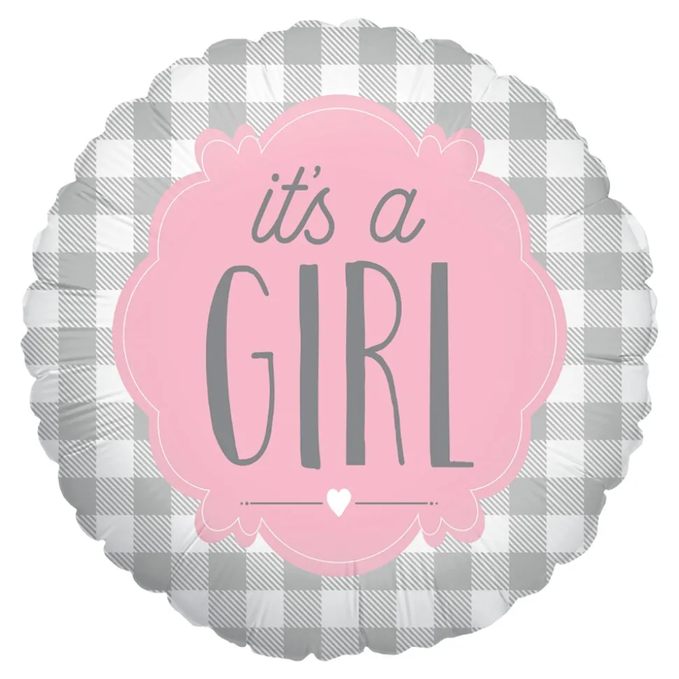 BALLON ALU ROND TARTAN ROSE IT'S A GIRL 46CM