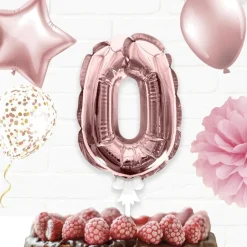 BALLON CHIFFRE 0 TIGE PAPIER GÂTEAU 15CM ROSE GOLD