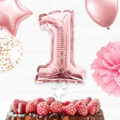 BALLON CHIFFRE 1 TIGE PAPIER GÂTEAU 15CM ROSE GOLD