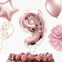 BALLON CHIFFRE 9 TIGE PAPIER GÂTEAU 15CM ROSE GOLD