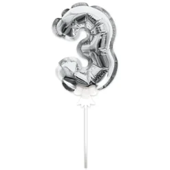BALLON CHIFFRE 3 TIGE PAPIER GÂTEAU 15CM ARGENT