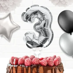 BALLON CHIFFRE 3 TIGE PAPIER GÂTEAU 15CM ARGENT
