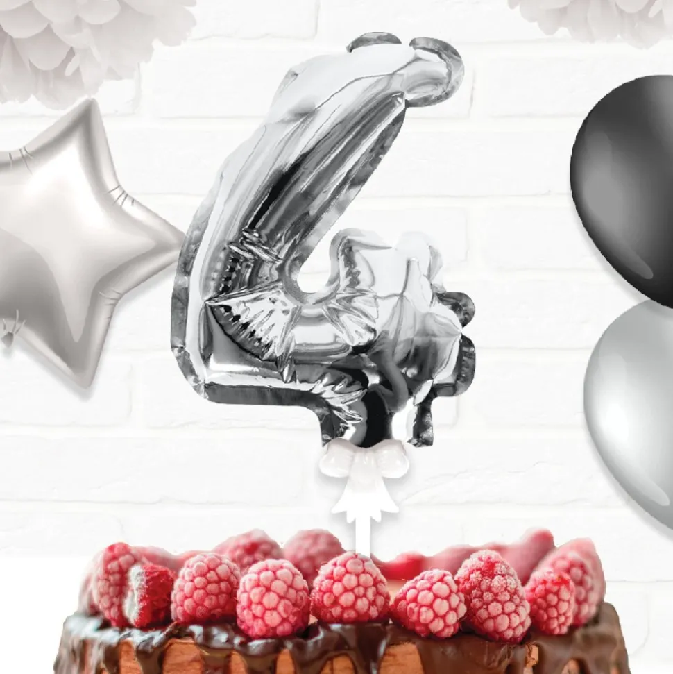 BALLON CHIFFRE 4 TIGE PAPIER GÂTEAU 15CM ARGENT
