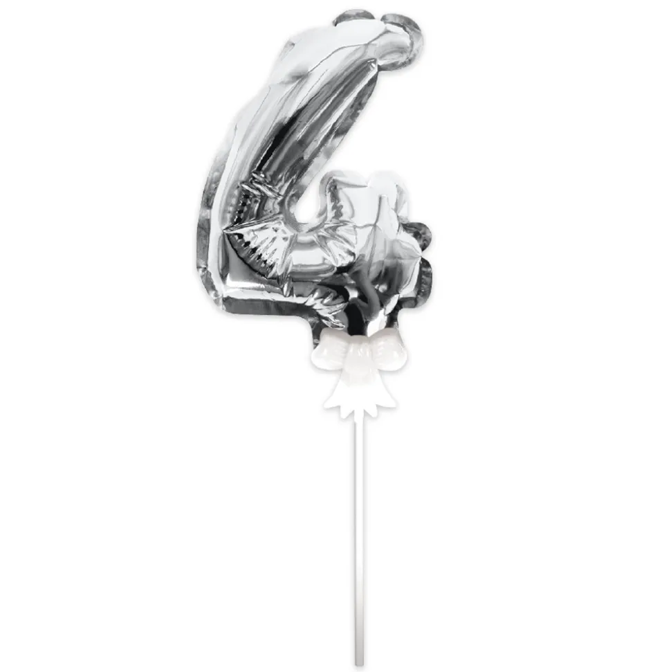 BALLON CHIFFRE 4 TIGE PAPIER GÂTEAU 15CM ARGENT