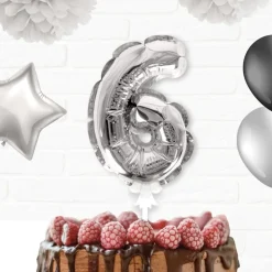 BALLON CHIFFRE 6 TIGE PAPIER GÂTEAU 15CM ARGENT